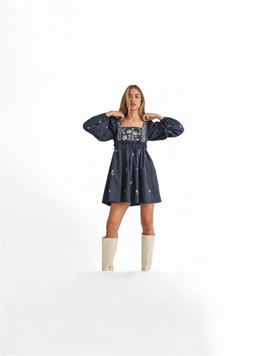 MARBLE Dresses & Skirts - MABLE Navy Floral-Embroidered Square-Neck Mini Dress